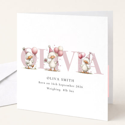 Personalised Duck Birth Card, New Baby Card with Name for Girl Baby Keepsake Card, Pink Duck Nursery Card