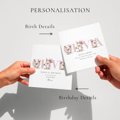 Personalised Duck Birth Card, New Baby Card with Name for Girl Baby Keepsake Card, Pink Duck Nursery Card
