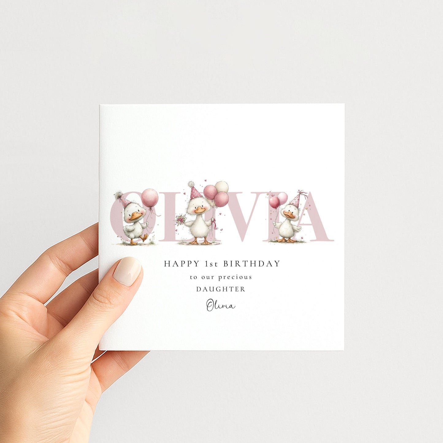 Personalised Duck Birth Card, New Baby Card with Name for Girl Baby Keepsake Card, Pink Duck Nursery Card