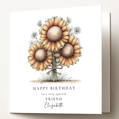 Birthday Card for Friend, Sunflower Birthday Card, Happy Birthday Friend Card, Personalised Flower Birthday Card