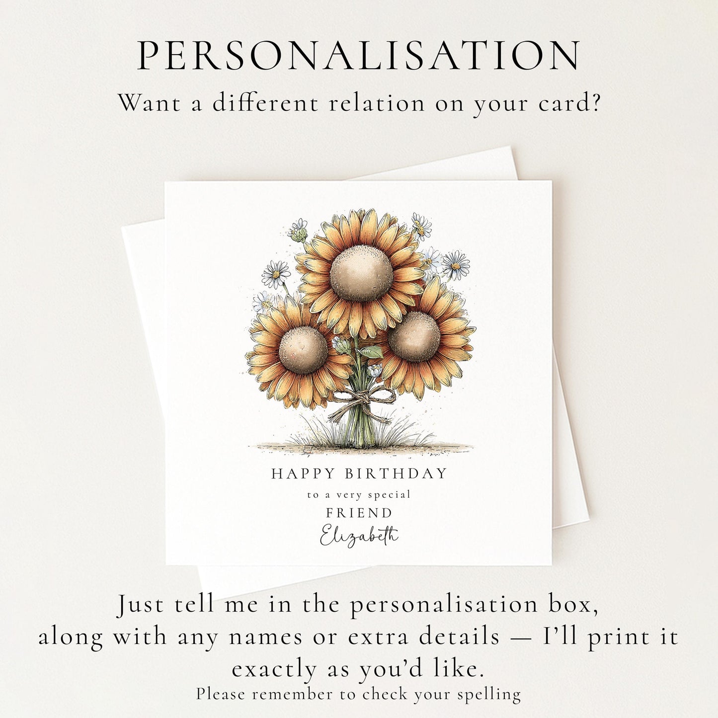 Birthday Card for Friend, Sunflower Birthday Card, Happy Birthday Friend Card, Personalised Flower Birthday Card