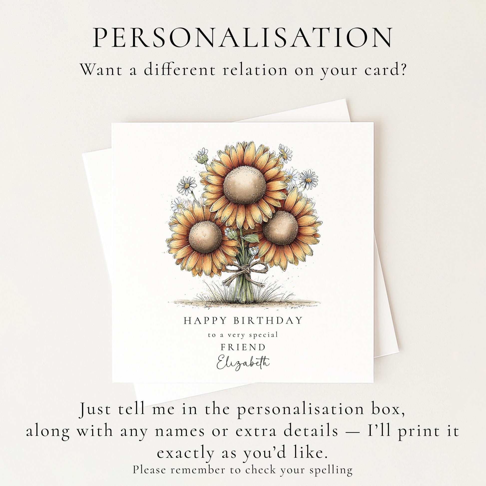 Birthday Card for Friend, Sunflower Birthday Card, Happy Birthday Friend Card, Personalised Flower Birthday Card