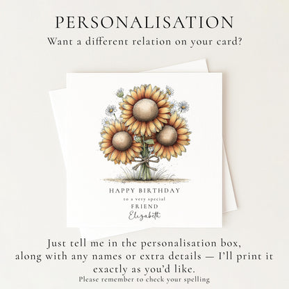 Birthday Card for Friend, Sunflower Birthday Card, Happy Birthday Friend Card, Personalised Flower Birthday Card