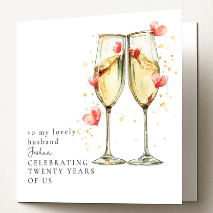 20 Year Anniversary Card for Husband, Champagne Glasses Anniversary Card, Personalised Wedding Anniversary Card