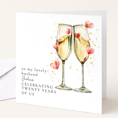 20 Year Anniversary Card for Husband, Champagne Glasses Anniversary Card, Personalised Wedding Anniversary Card