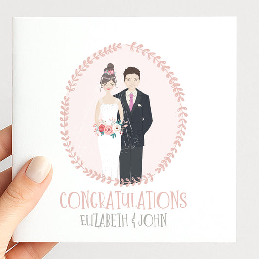 Personalised Wedding Congratulations Card, Whimsical Bride and Groom Illustration Card, Custom Couple Hair Options