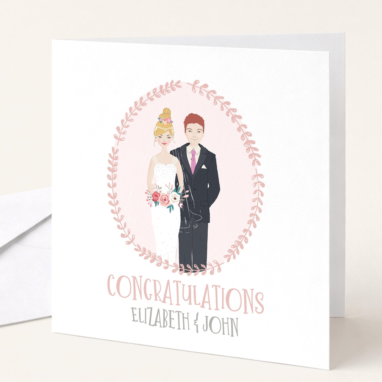 Personalised Wedding Congratulations Card, Whimsical Bride and Groom Illustration Card, Custom Couple Hair Options