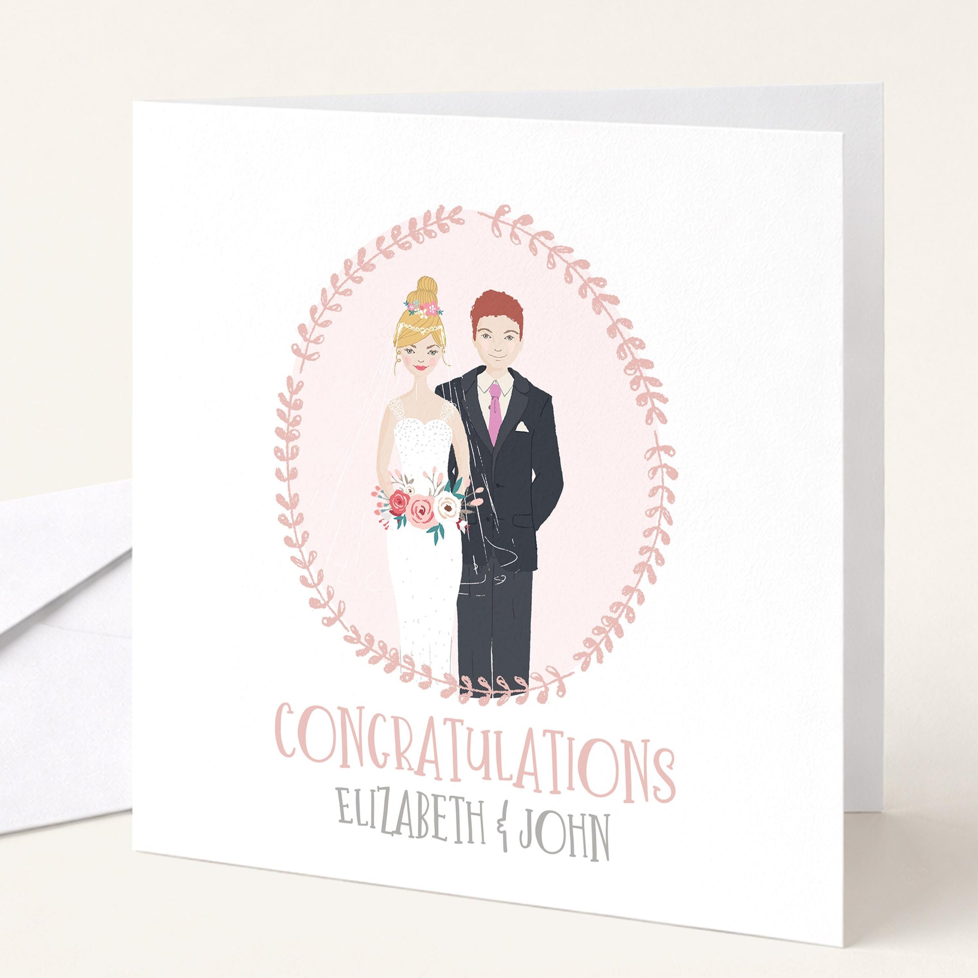 Personalised Wedding Congratulations Card, Whimsical Bride and Groom Illustration Card, Custom Couple Hair Options