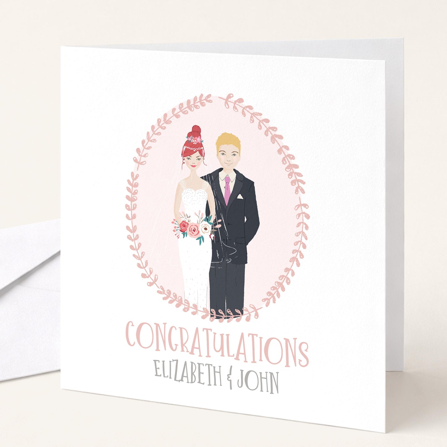 Personalised Wedding Congratulations Card, Whimsical Bride and Groom Illustration Card, Custom Couple Hair Options