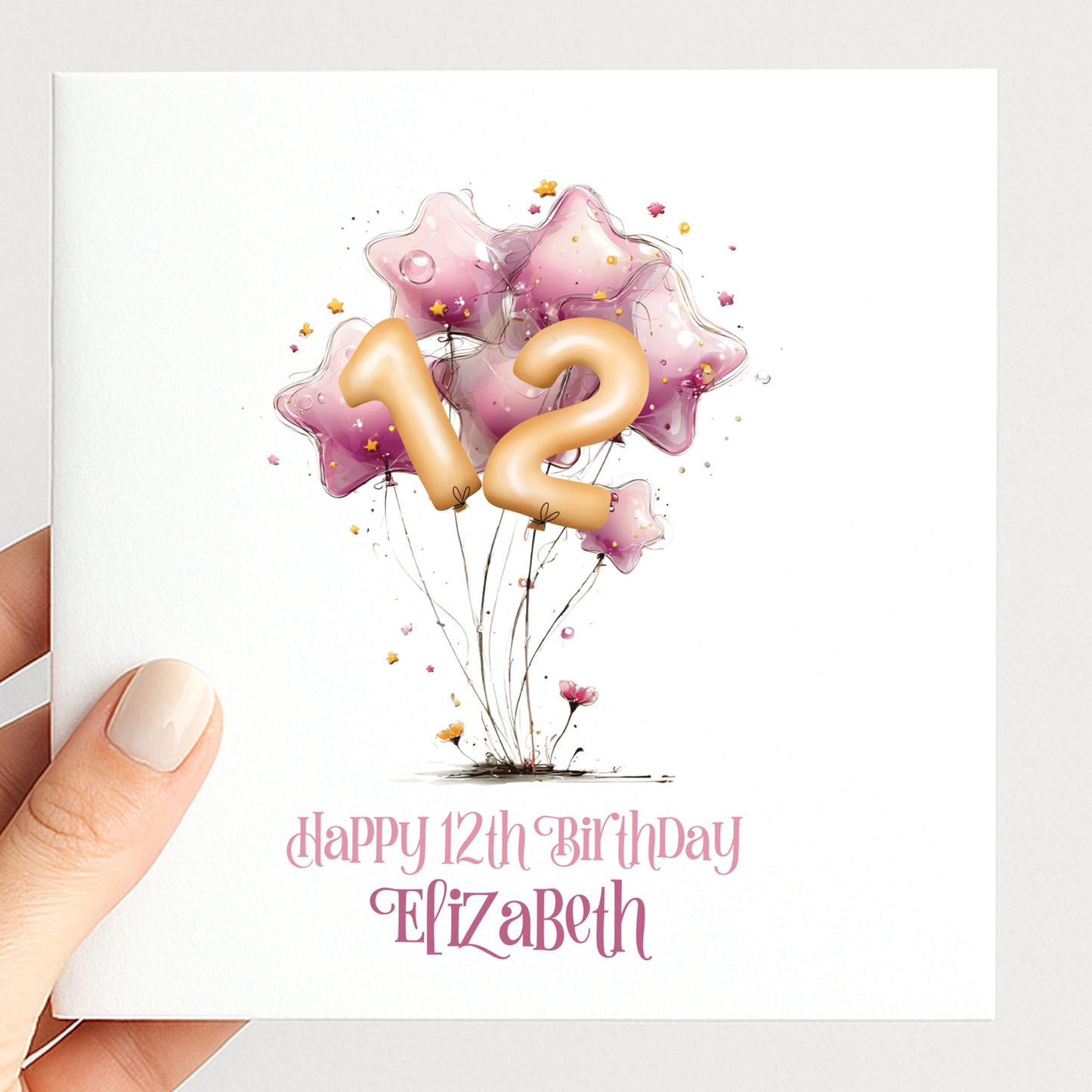 Personalised Birthday Card Any Age, Star Balloon Birthday Card, Custom Age Birthday Card for Girls, Pink Birthday Card