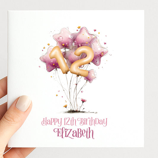 Personalised Birthday Card Any Age, Star Balloon Birthday Card, Custom Age Birthday Card for Girls, Pink Birthday Card