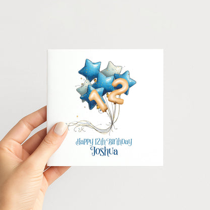 Personalised Birthday Card Any Age, Blue Star Balloon Birthday Card, Custom Age Birthday Card for Boys, Birthday Card with Name