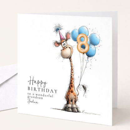 Personalised Birthday Card Any Age, Cute Giraffe Birthday Card, Custom Age Birthday Card for Grandson, Animal Birthday Card