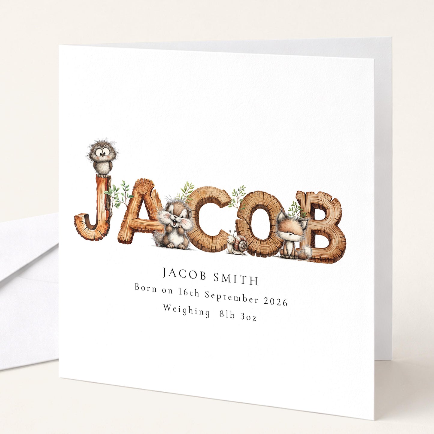 Personalised Woodland Birth Card, New Baby Card with Name for Him, Baby Keepsake Card, Woodland Animals Nursery Card