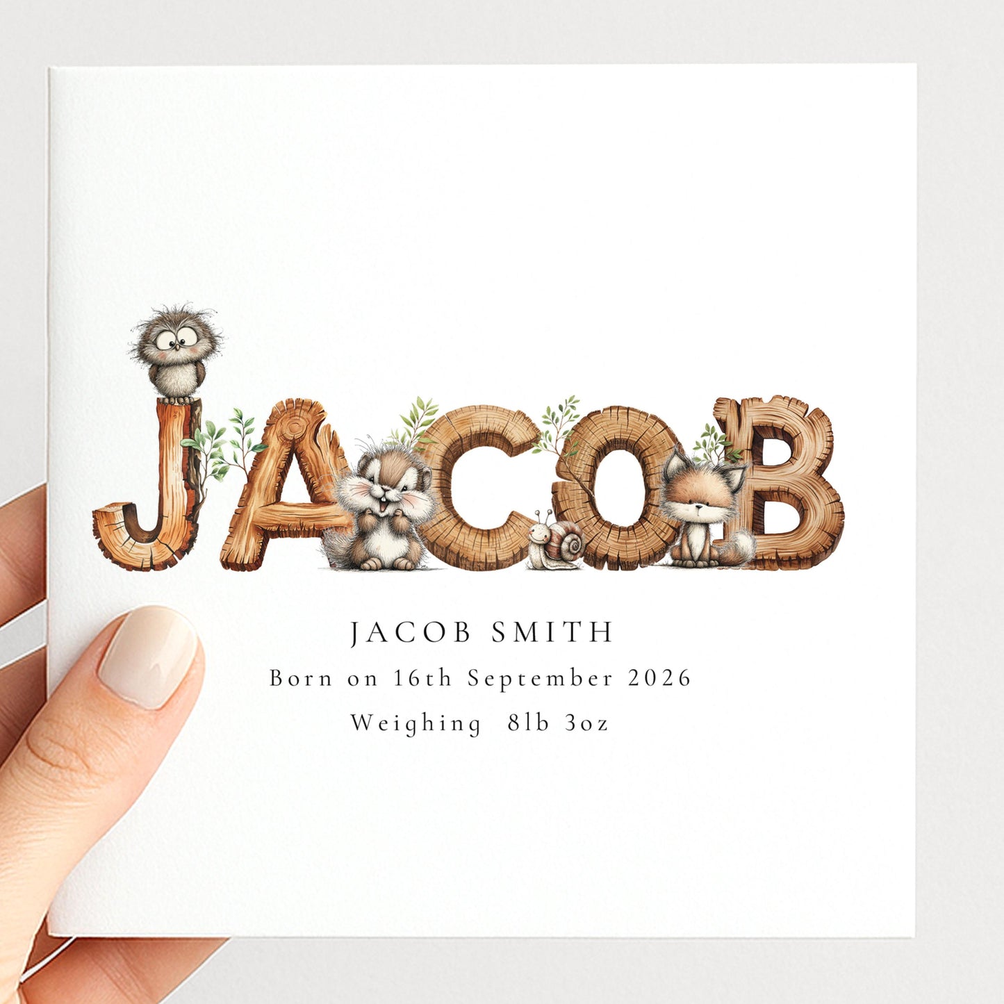 Personalised Woodland Birth Card, New Baby Card with Name for Him, Baby Keepsake Card, Woodland Animals Nursery Card