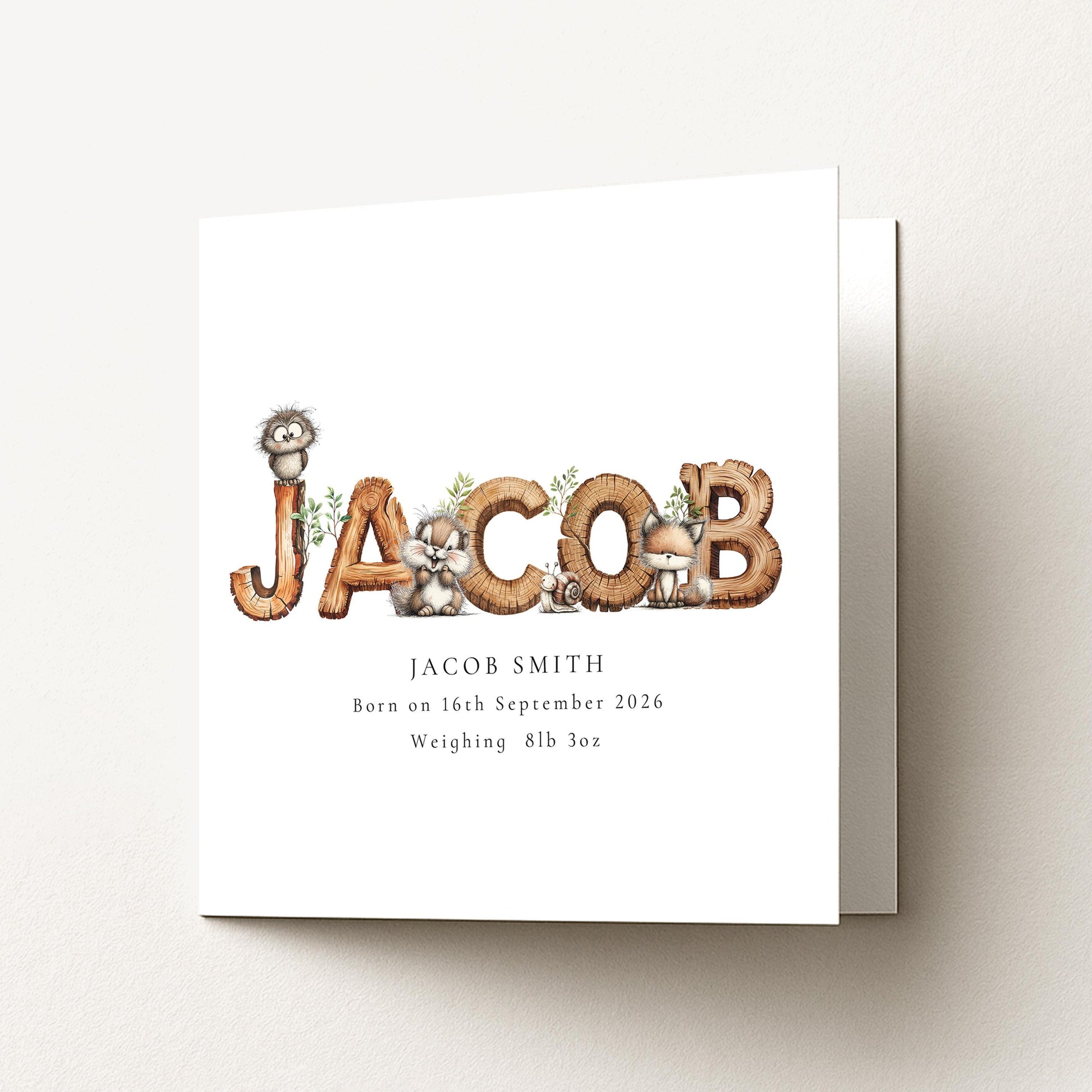 Personalised Woodland Birth Card, New Baby Card with Name for Him, Baby Keepsake Card, Woodland Animals Nursery Card