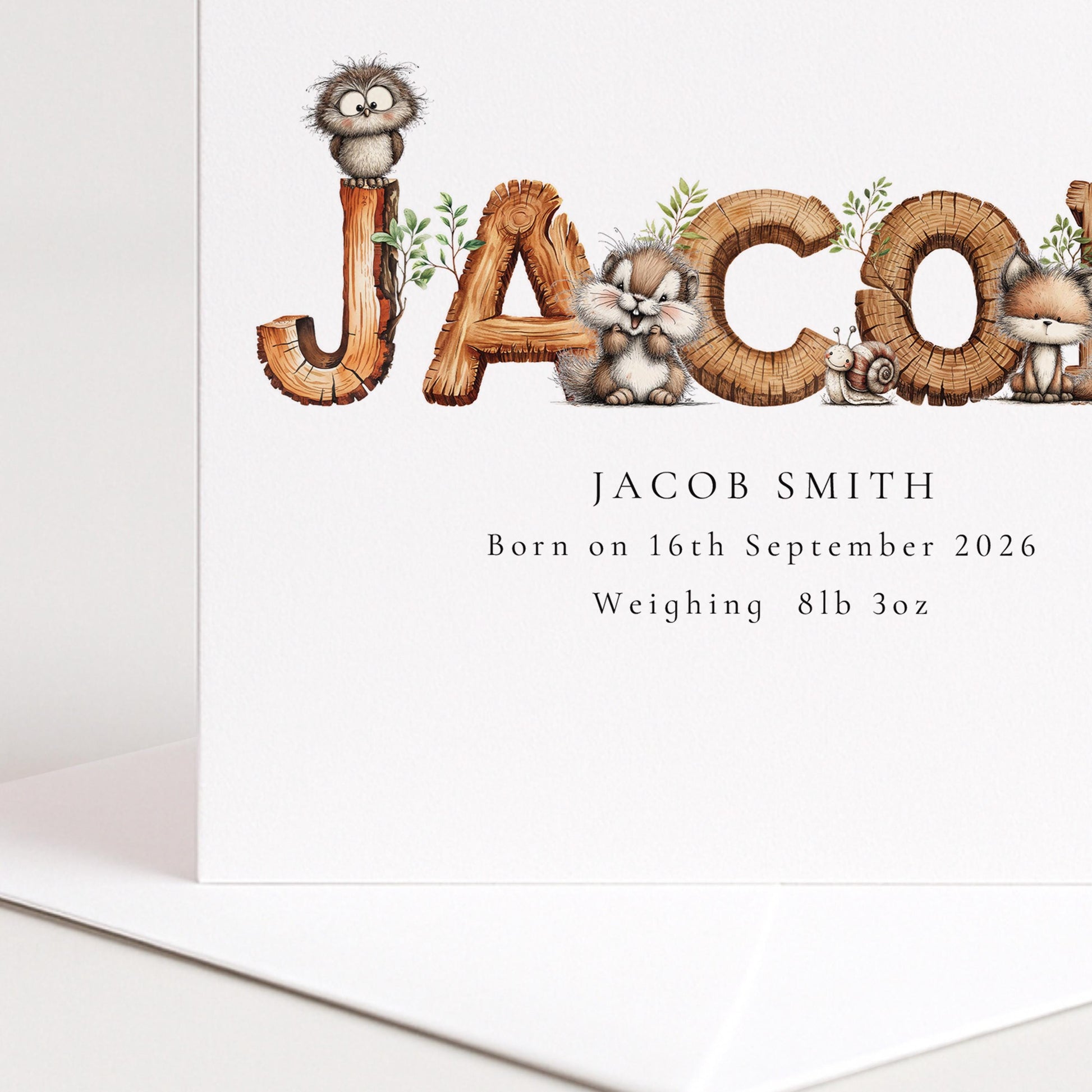 Personalised Woodland Birth Card, New Baby Card with Name for Him, Baby Keepsake Card, Woodland Animals Nursery Card
