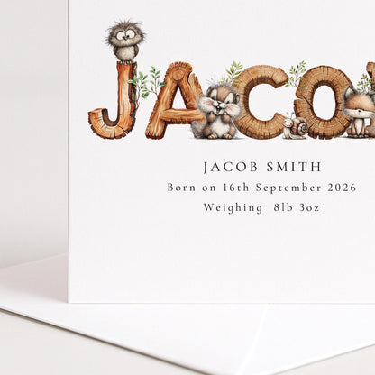 Personalised Woodland Birth Card, New Baby Card with Name for Him, Baby Keepsake Card, Woodland Animals Nursery Card