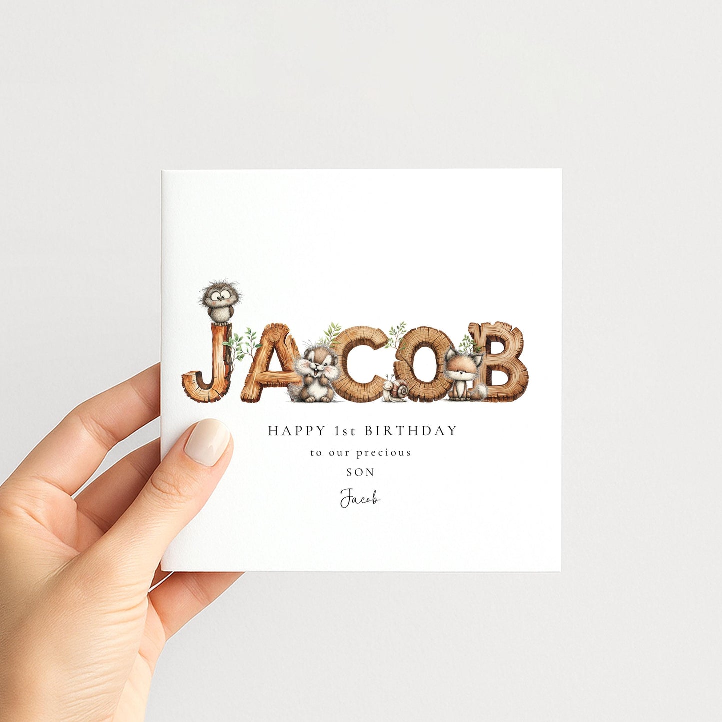 Personalised Woodland Birth Card, New Baby Card with Name for Him, Baby Keepsake Card, Woodland Animals Nursery Card