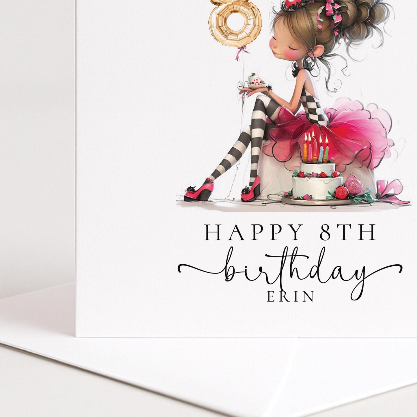 8th Birthday Card for Girl, Cute Birthday Card with Cake and Balloons, Personalised Girls Birthday Card Age 8