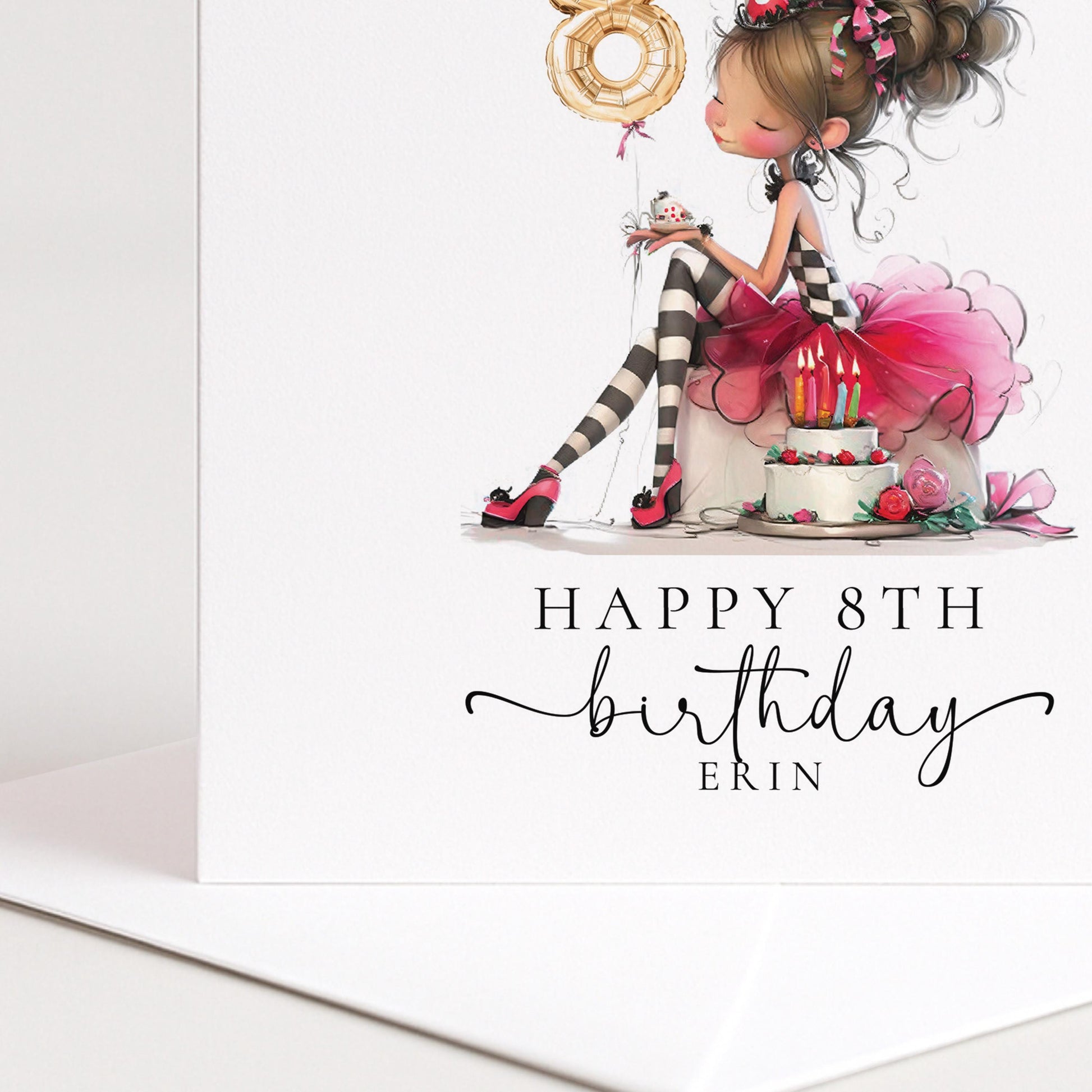 8th Birthday Card for Girl, Cute Birthday Card with Cake and Balloons, Personalised Girls Birthday Card Age 8