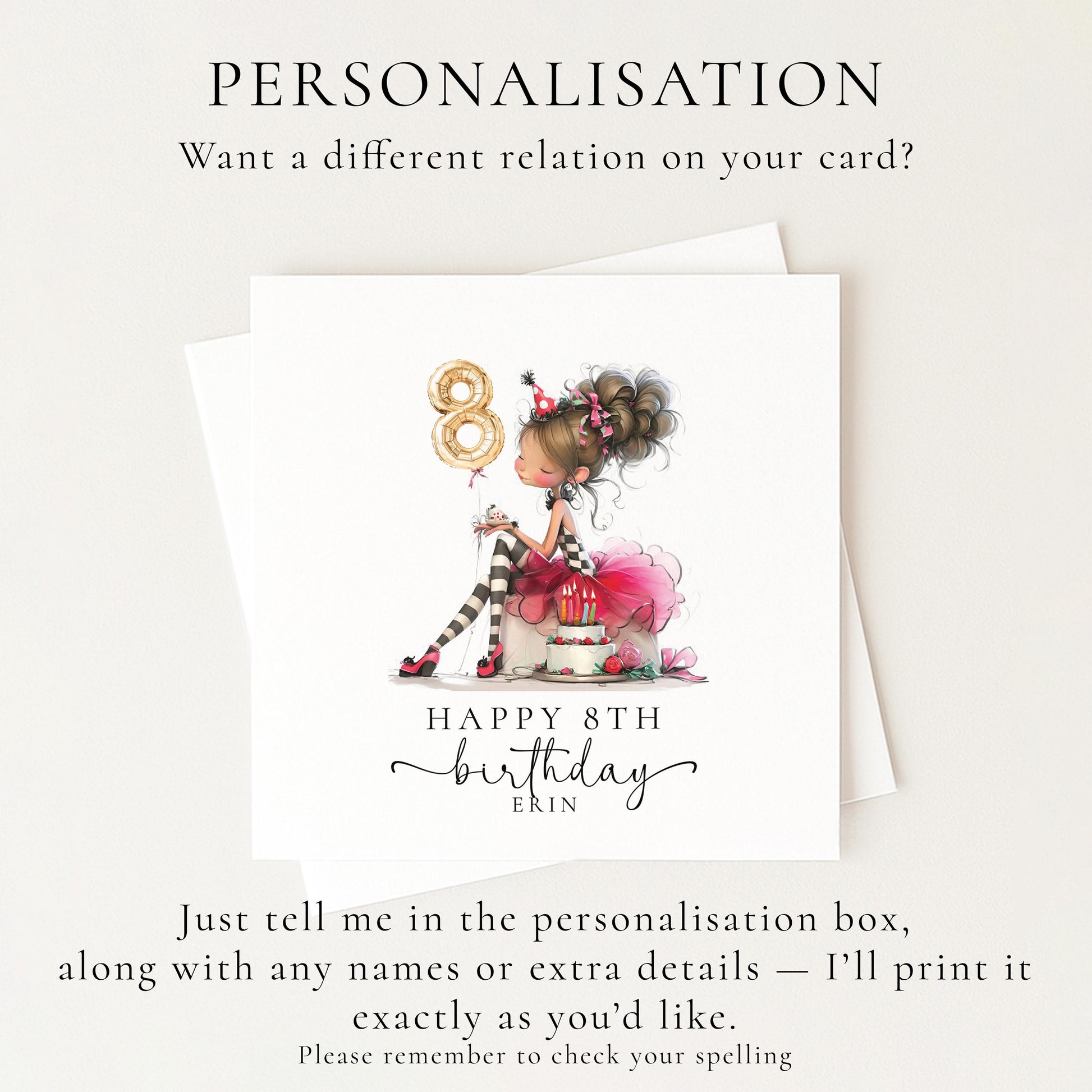 8th Birthday Card for Girl, Cute Birthday Card with Cake and Balloons, Personalised Girls Birthday Card Age 8