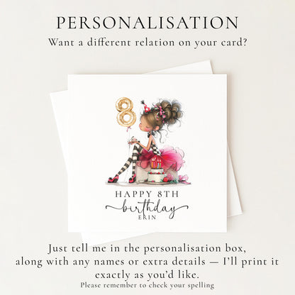 8th Birthday Card for Girl, Cute Birthday Card with Cake and Balloons, Personalised Girls Birthday Card Age 8