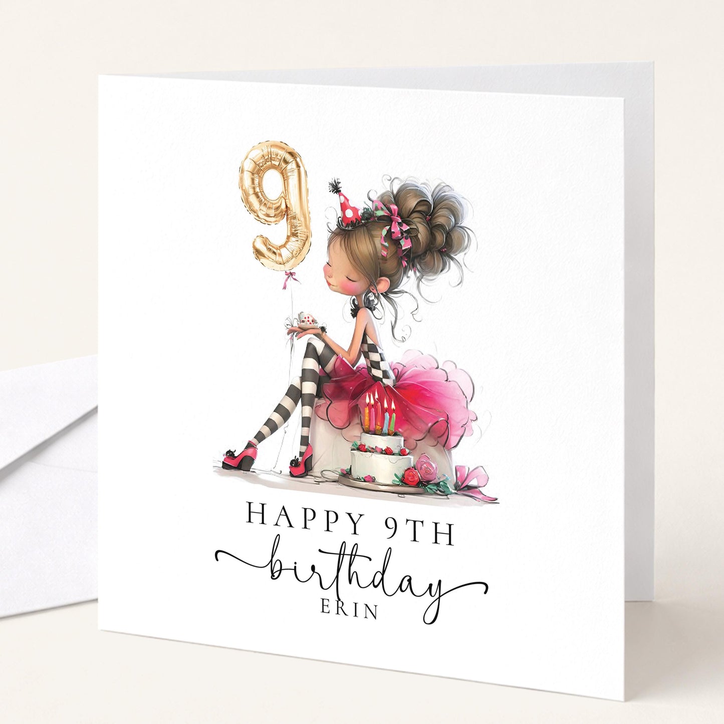 9th Birthday Card for Girl, Cute Birthday Card with Cake and Balloons, Personalised Girls Birthday Card Age 9