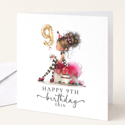 9th Birthday Card for Girl, Cute Birthday Card with Cake and Balloons, Personalised Girls Birthday Card Age 9