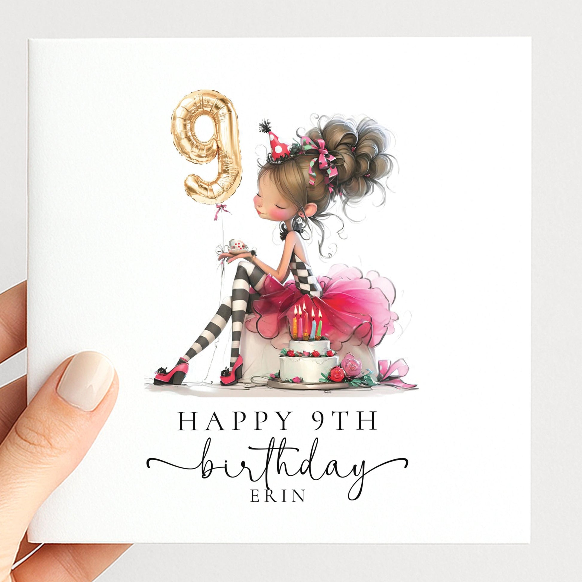 9th Birthday Card for Girl, Cute Birthday Card with Cake and Balloons, Personalised Girls Birthday Card Age 9