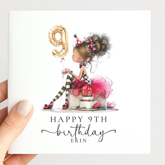 9th Birthday Card for Girl, Cute Birthday Card with Cake and Balloons, Personalised Girls Birthday Card Age 9