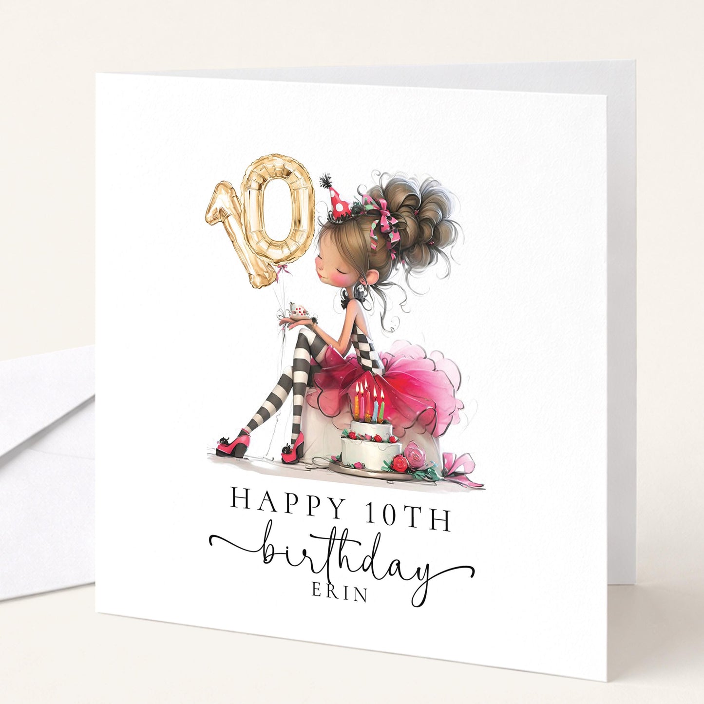10th Birthday Card for Girl, Cute Birthday Card with Cake and Balloons, Personalised Girls Birthday Card Age 10