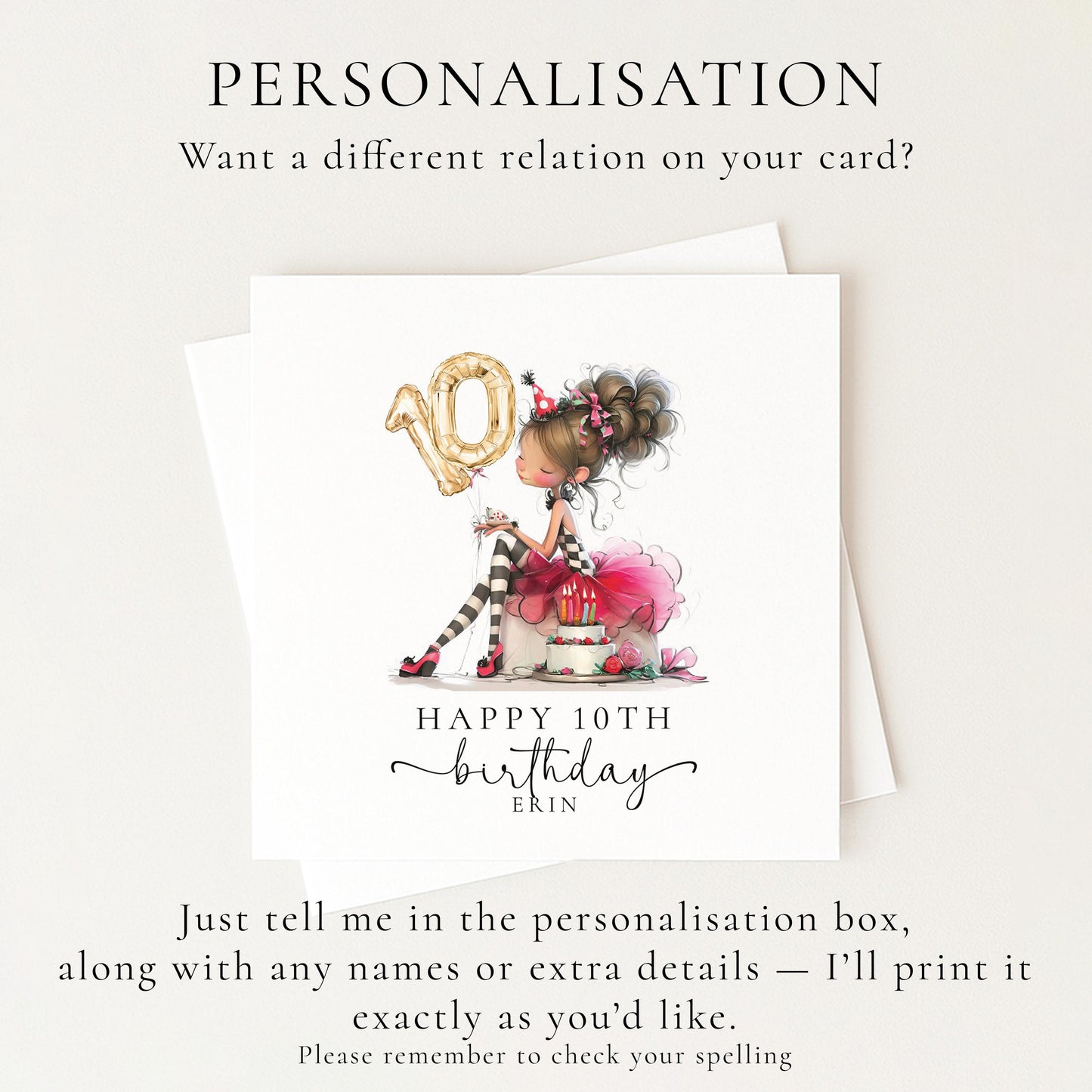 10th Birthday Card for Girl, Cute Birthday Card with Cake and Balloons, Personalised Girls Birthday Card Age 10