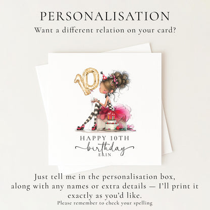 10th Birthday Card for Girl, Cute Birthday Card with Cake and Balloons, Personalised Girls Birthday Card Age 10