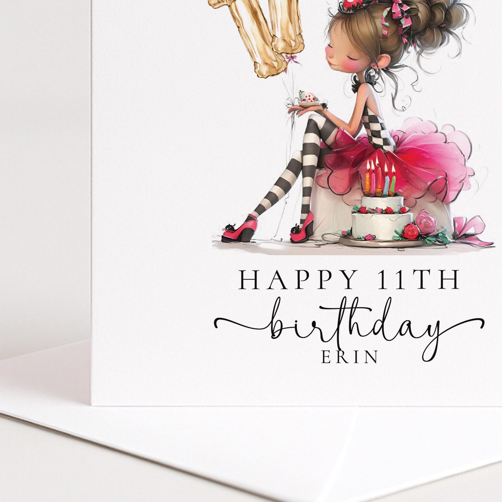 11th Birthday Card for Girl, Cute Birthday Card with Cake and Balloons, Personalised Girls Birthday Card Age 11