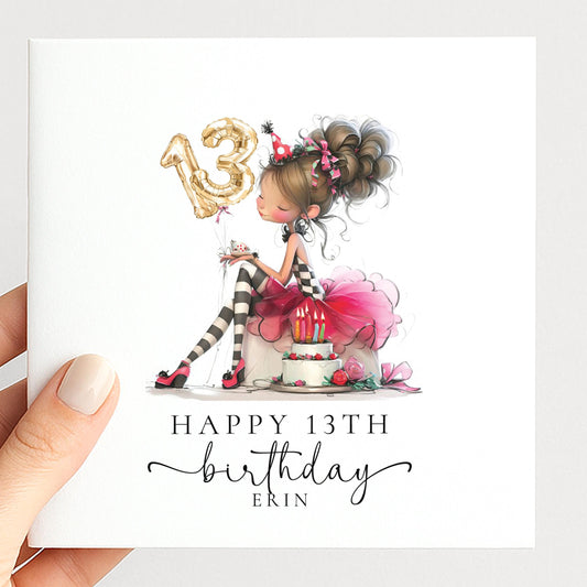 13th Birthday Card for Girl, Cute Birthday Card with Cake and Balloons, Personalised Girls Birthday Card Age 13