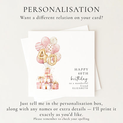 40th Birthday Card for Friend, Happy 40th Birthday Card with Balloons and Gifts, Personalised Birthday Card for Friend