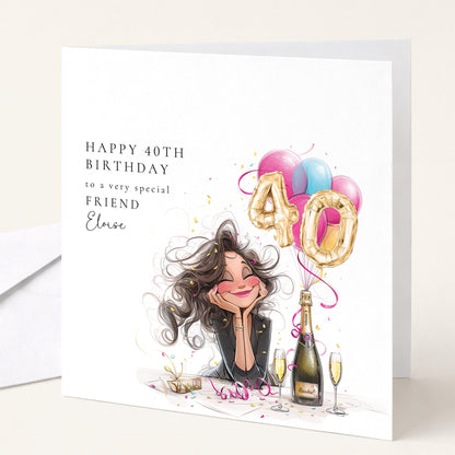 40th Birthday Card for Friend, Happy 40th Birthday Friend Card with Champagne and Balloons, Personalised Birthday Card