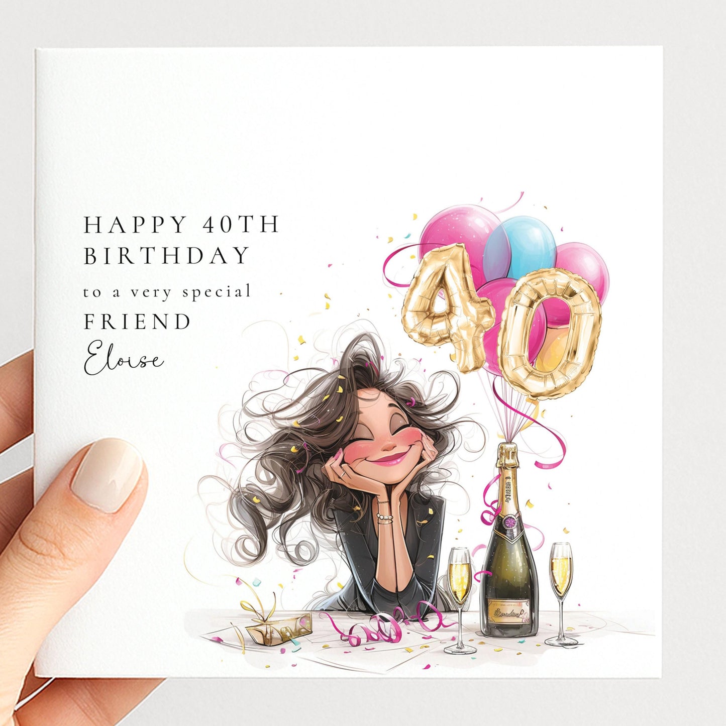 40th Birthday Card for Friend, Happy 40th Birthday Friend Card with Champagne and Balloons, Personalised Birthday Card