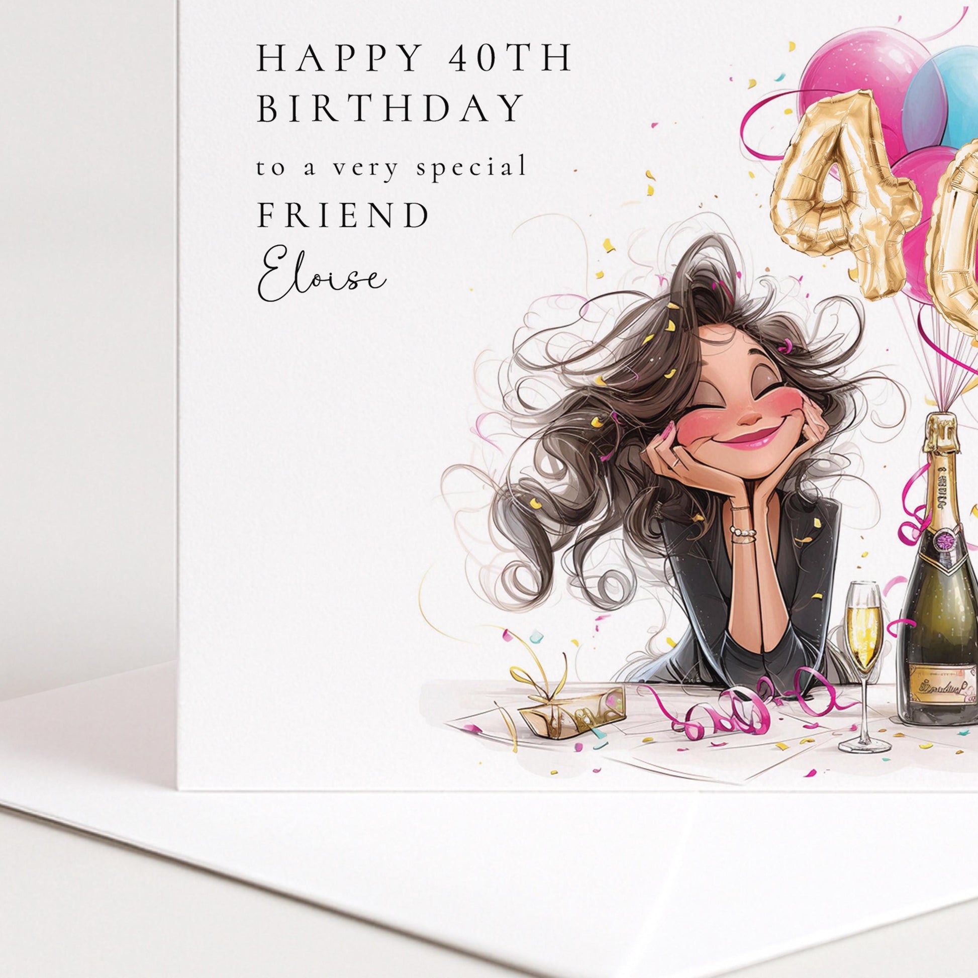 40th Birthday Card for Friend, Happy 40th Birthday Friend Card with Champagne and Balloons, Personalised Birthday Card