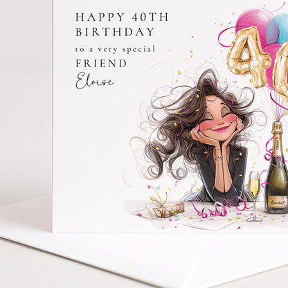 40th Birthday Card for Friend, Happy 40th Birthday Friend Card with Champagne and Balloons, Personalised Birthday Card