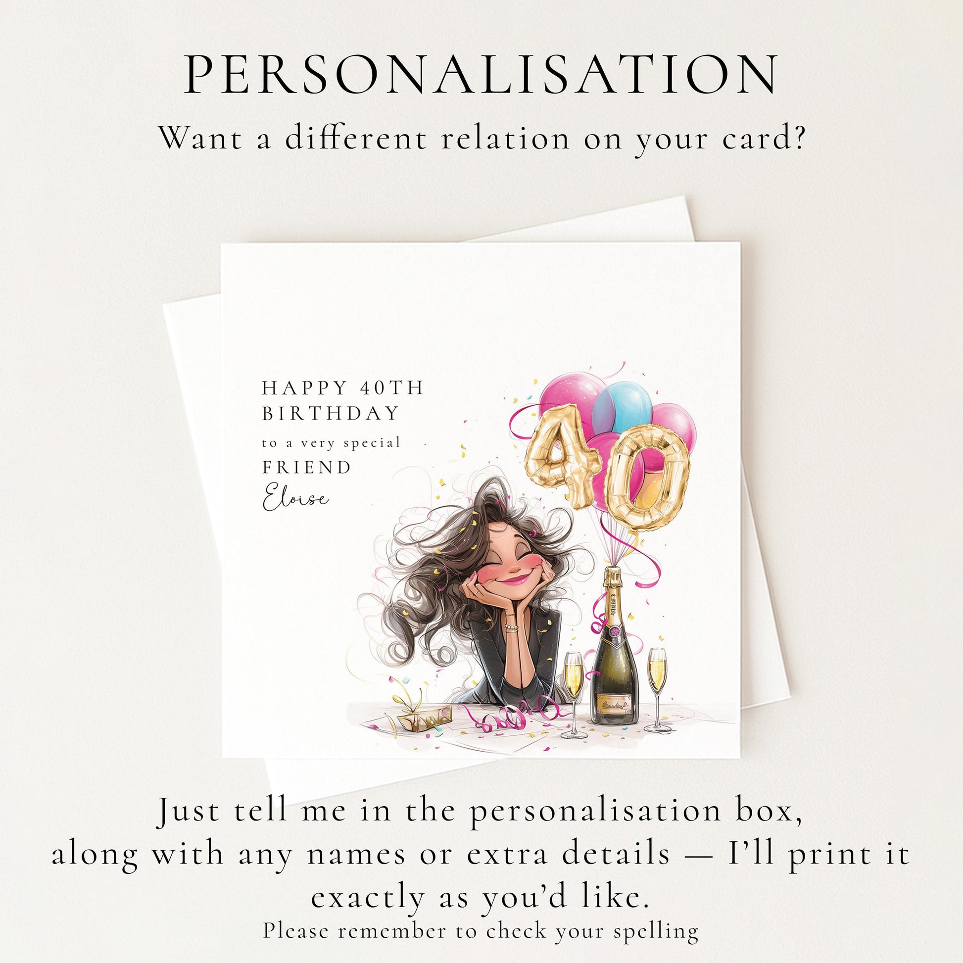 40th Birthday Card for Friend, Happy 40th Birthday Friend Card with Champagne and Balloons, Personalised Birthday Card