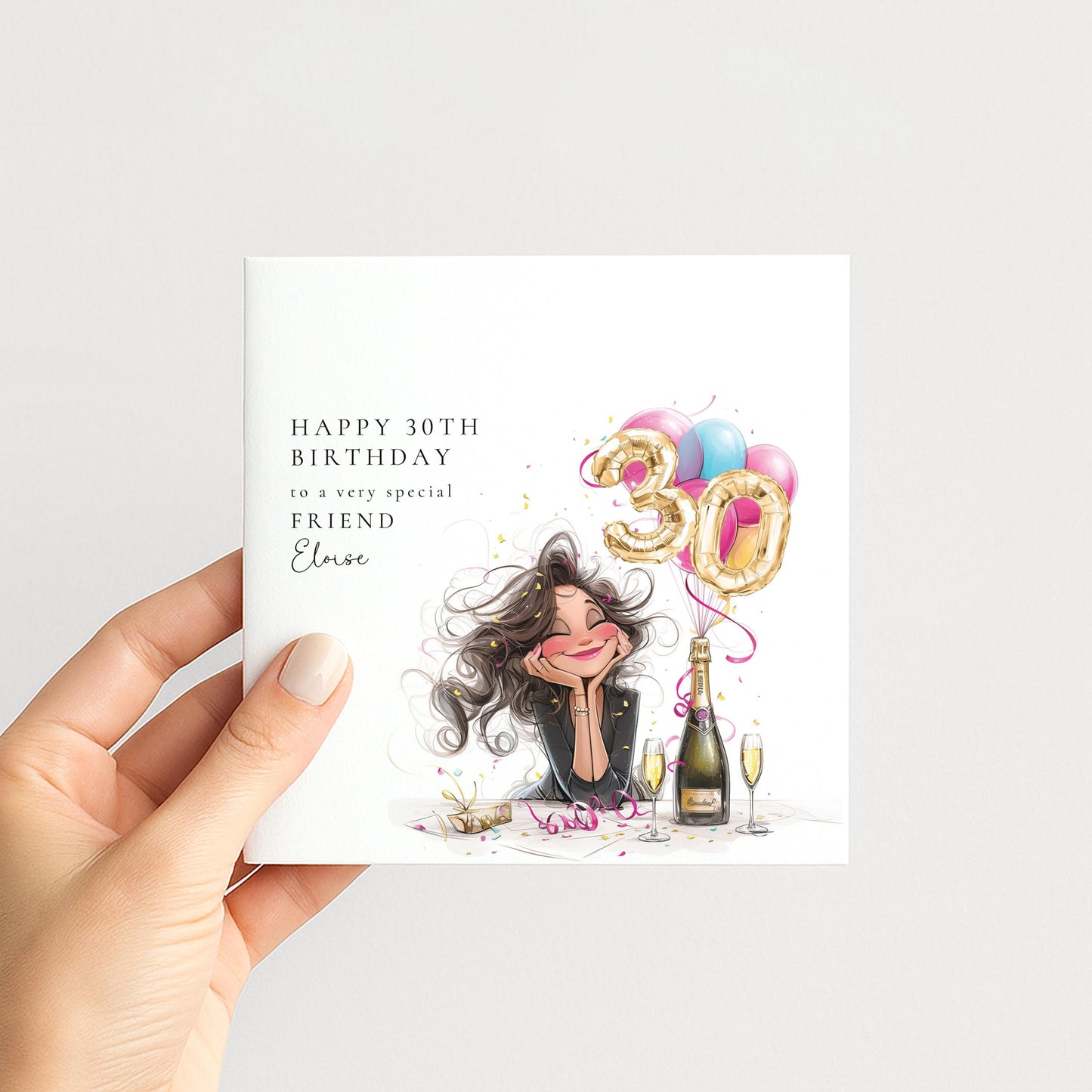 30th Birthday Card for Friend, Happy 30th Birthday Friend Card with Champagne and Balloons, Personalised Birthday Card