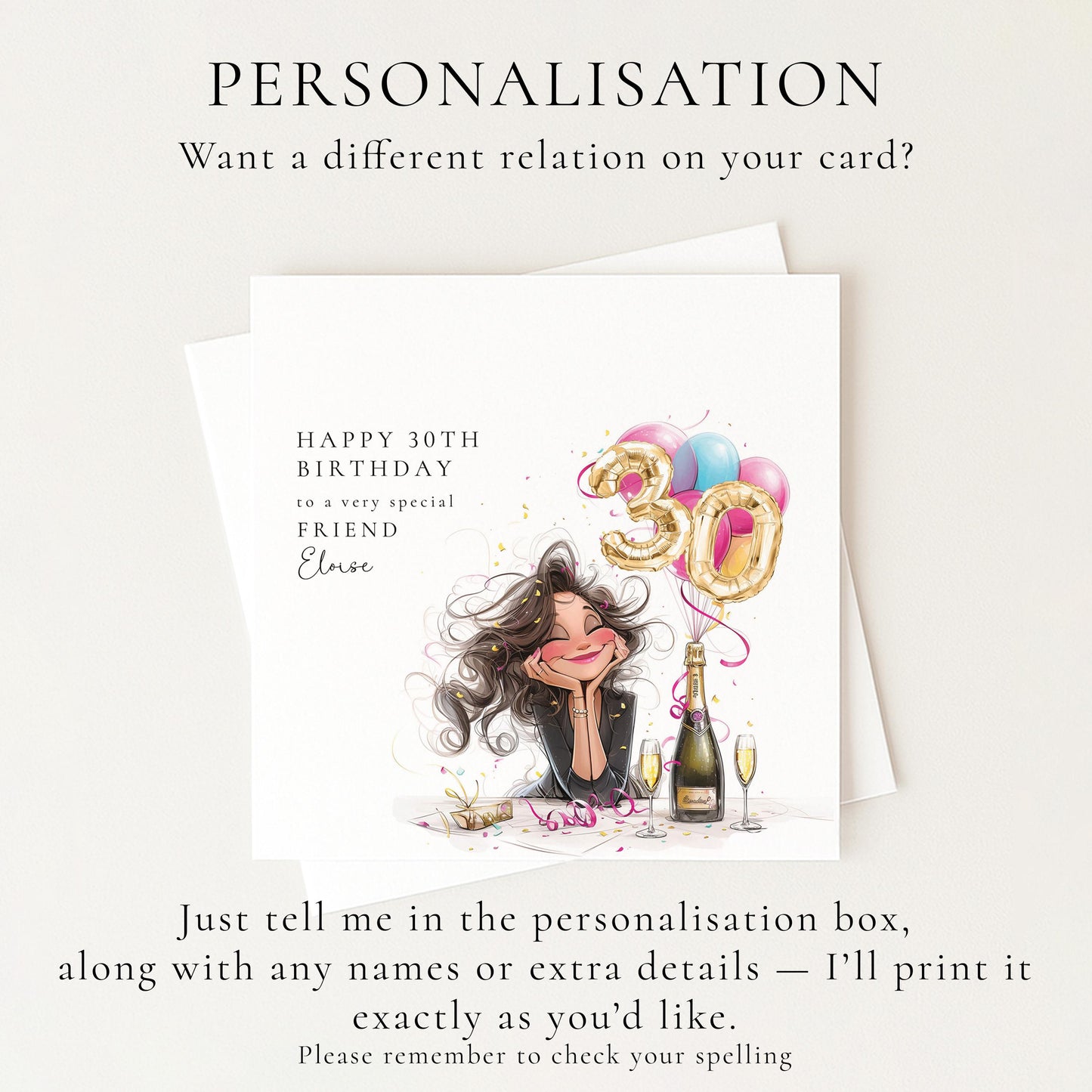 30th Birthday Card for Friend, Happy 30th Birthday Friend Card with Champagne and Balloons, Personalised Birthday Card