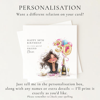 30th Birthday Card for Friend, Happy 30th Birthday Friend Card with Champagne and Balloons, Personalised Birthday Card