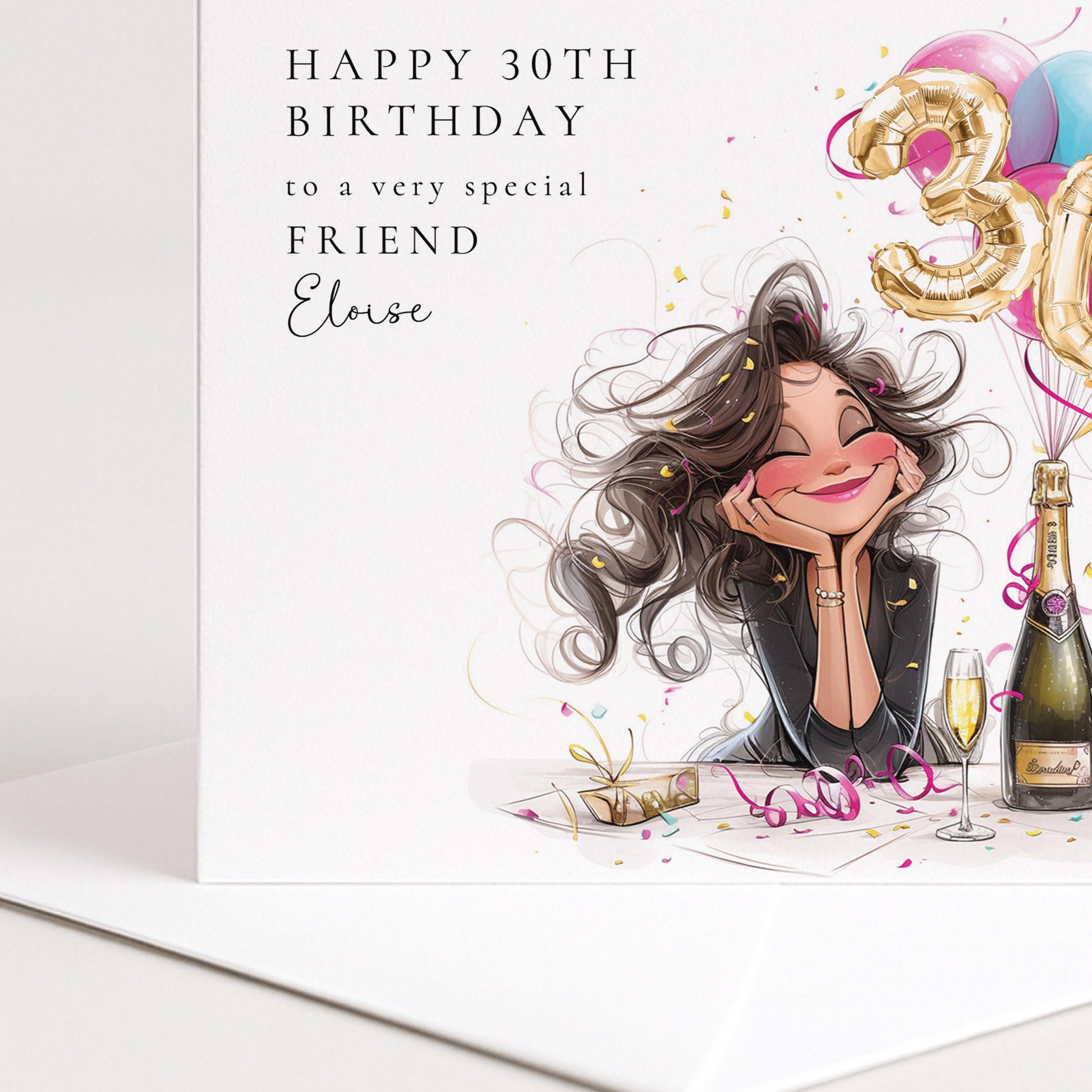30th Birthday Card for Friend, Happy 30th Birthday Friend Card with Champagne and Balloons, Personalised Birthday Card