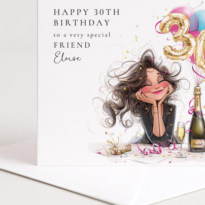 30th Birthday Card for Friend, Happy 30th Birthday Friend Card with Champagne and Balloons, Personalised Birthday Card