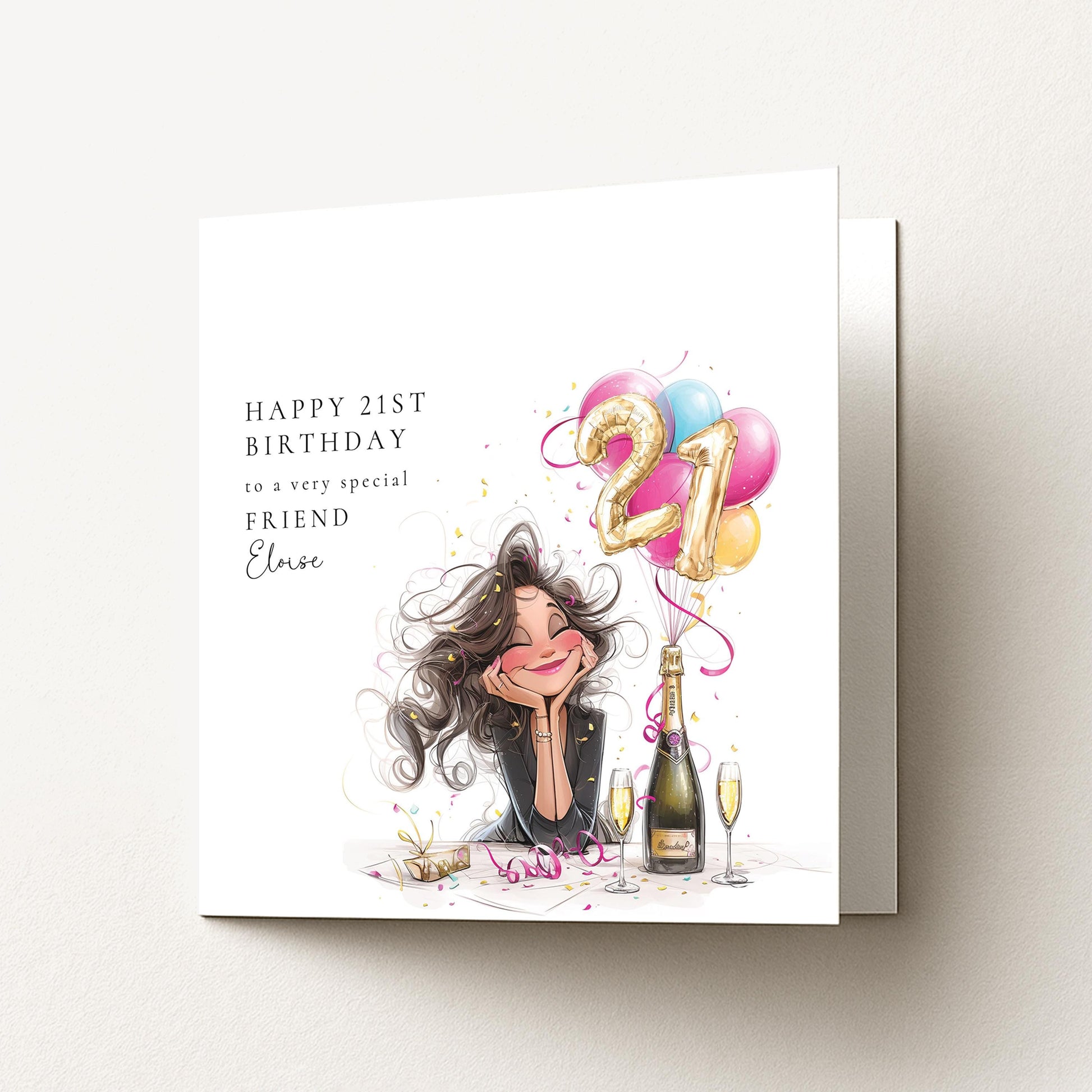 21st Birthday Card for Friend, Happy 21st Birthday Friend Card with Champagne and Balloons, Personalised Birthday Card