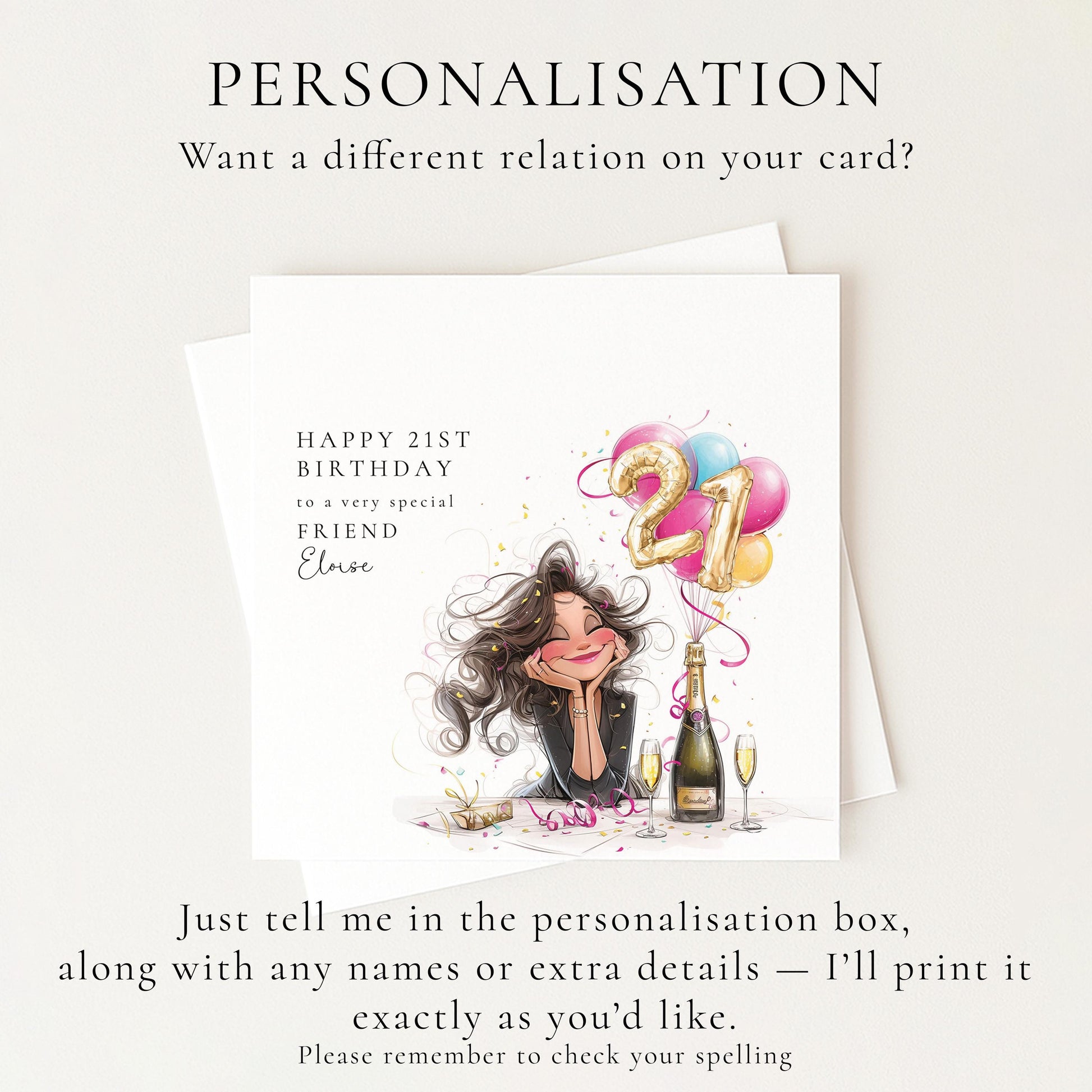 21st Birthday Card for Friend, Happy 21st Birthday Friend Card with Champagne and Balloons, Personalised Birthday Card