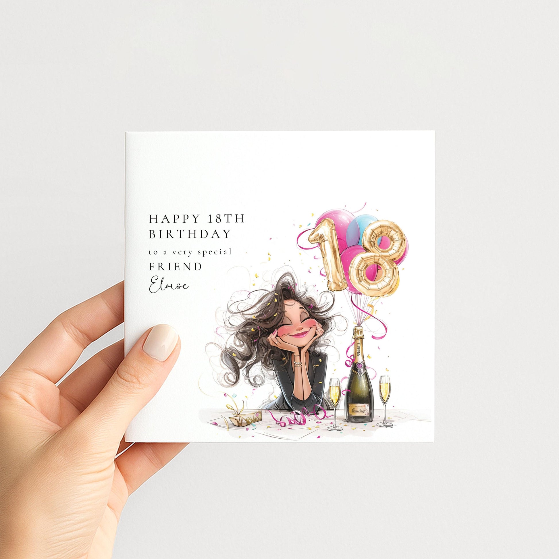 18th Birthday Card for Friend, Happy 18th Birthday Friend Card with Champagne and Balloons, Personalised Birthday Card
